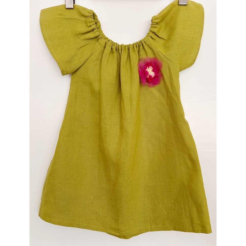 Girl’s A-Line Cap Sleeve Chartreuse Linen Dress with Removeable Pin and Bow